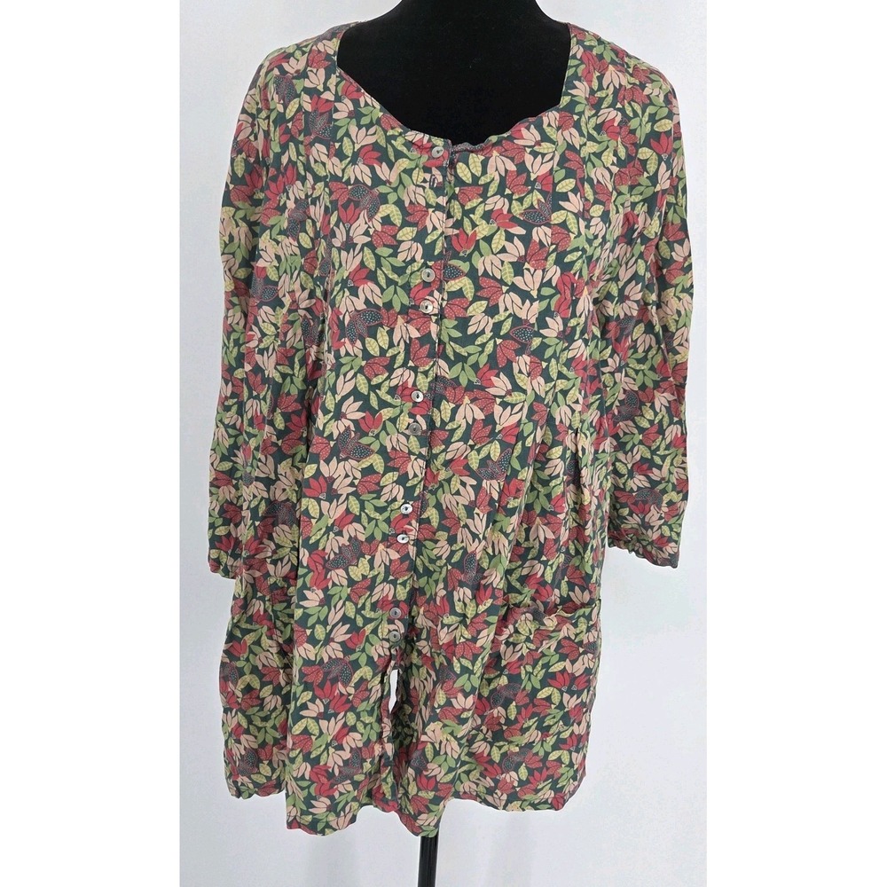 Gudrun Sjoden Organic Cotton Top XL Green Floral Coverup Relaxed fit Oversized